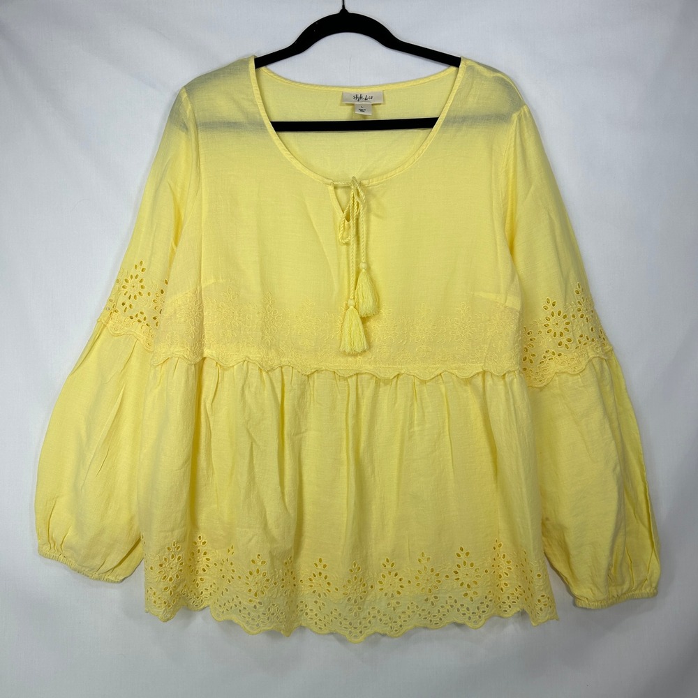 Style & Co Pastel Yellow Eyelet Peplum Tassel Keyhole Blouse – Large